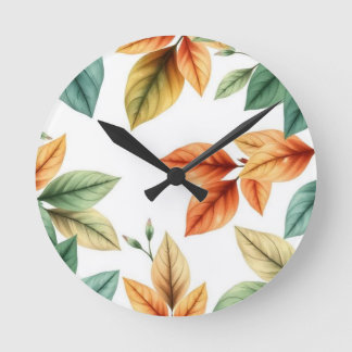 Reloj Redondo Mediano Patrón de hojas decorativas en acuarela elegante