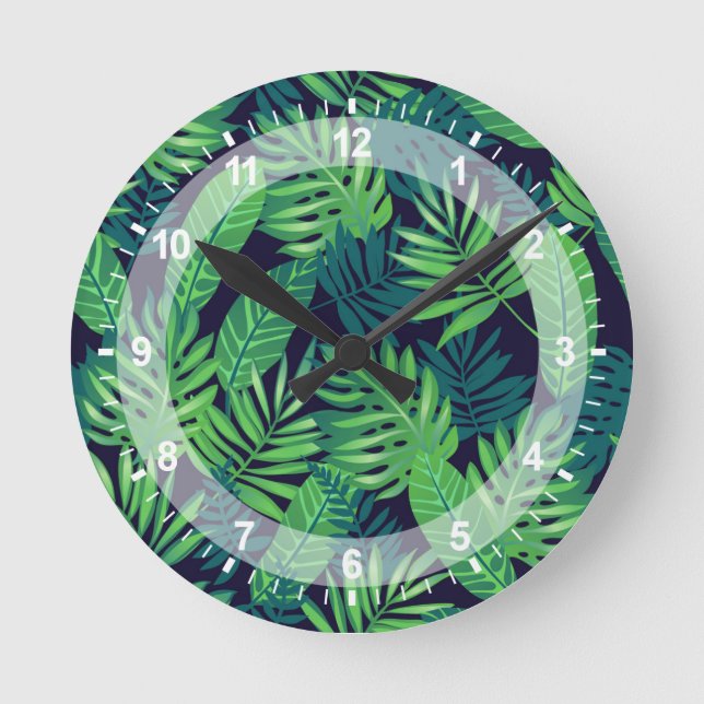 Reloj Redondo Mediano Patrón de hojas tropicales (Anverso)