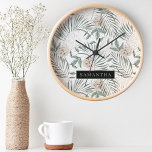 Reloj Redondo Mediano Patrón de hojas y flores de acuarela tropical<br><div class="desc">Patrón de hojas y flores de acuarela tropical</div>
