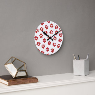 Reloj Redondo Mediano Patrón De Huellas, Huellas De Perro, Huellas Rojas