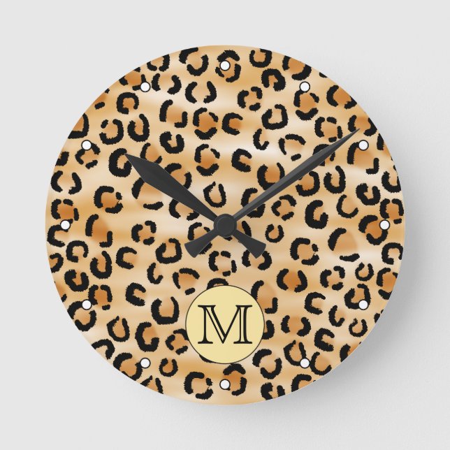 Reloj Redondo Mediano Patrón de impresión de monograma Leopardo personal (Anverso)
