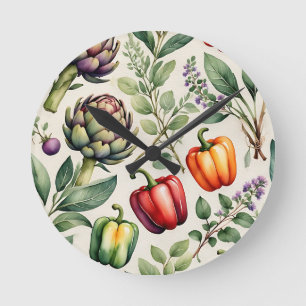 Reloj Redondo Mediano Patrón de jardín de verduras en acuarela