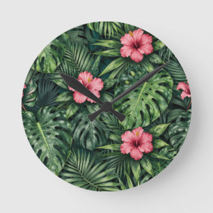 Reloj Redondo Mediano Patrón de jungla de Monstera Hibiscus Tropical