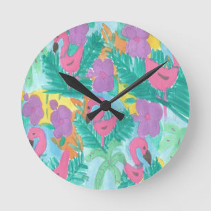 Reloj Redondo Mediano Patrón de jungla tropical Flamingo