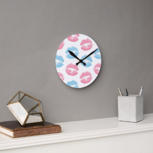 Reloj Redondo Mediano Patrón de Labios Azules y Rosados, Pintalabios, Be