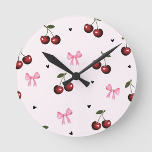 Reloj Redondo Mediano Patrón de lazos y cerezas rosadas - Estética Coque