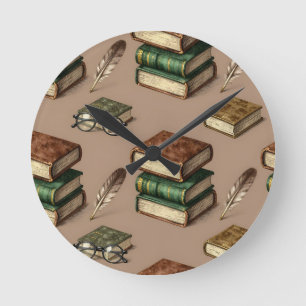 Reloj Redondo Mediano Patrón de Libros Antiguos Plumas Gafas