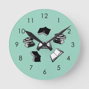 Reloj Redondo Mediano Patrón de libros bibliofilia bibliofilia verde azu
