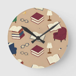 Reloj Redondo Mediano Patrón de libros de rincón de lectura acogedor