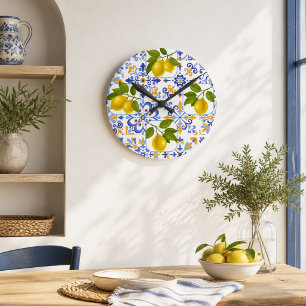 Reloj Redondo Mediano patrón de limón cítrico mediterráneo