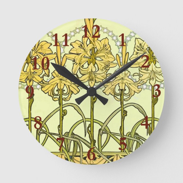 Reloj Redondo Mediano Patrón de lirio Art Nouveau de Alfonse Mucha (Anverso)