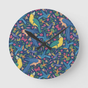 Reloj Redondo Mediano Patrón de loros estilo Art Nouveau