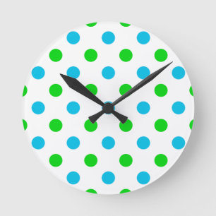 Reloj Redondo Mediano Patrón de lunares azules y verdes sobre blanco