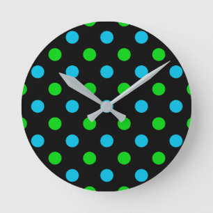 Reloj Redondo Mediano Patrón de lunares azules y verdes sobre negro