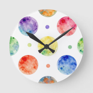Reloj Redondo Mediano Patrón de lunares de orbe de arcoíris de acuarela