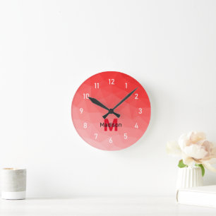 Reloj Redondo Mediano Patrón de malla geométrica de gradiente rojo Monog