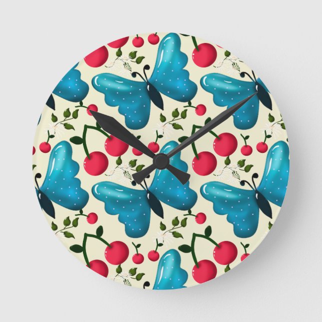 Reloj Redondo Mediano Patrón de Mariposa Cereza Lindo, Fruta Kawaii Bril (Anverso)
