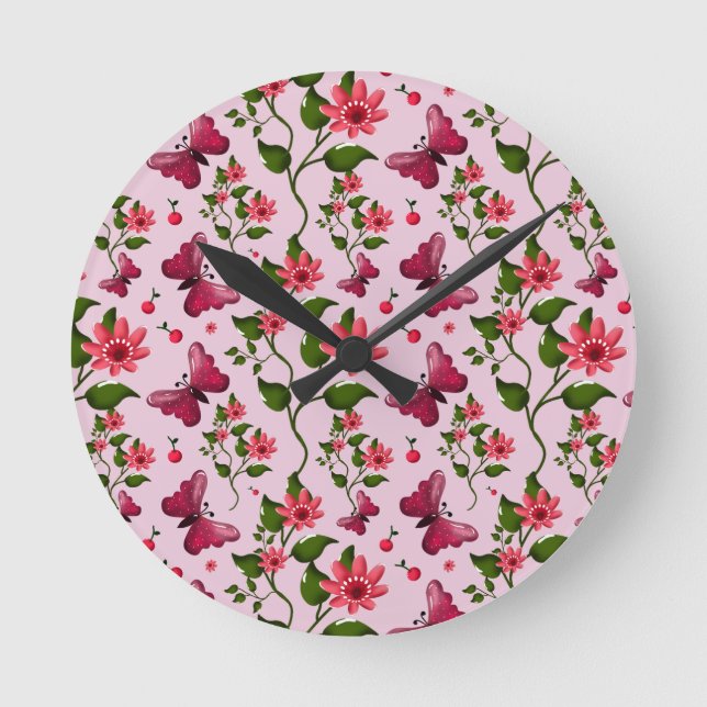 Reloj Redondo Mediano Patrón de Mariposa Cereza Lindo, Fruta Kawaii Bril (Anverso)