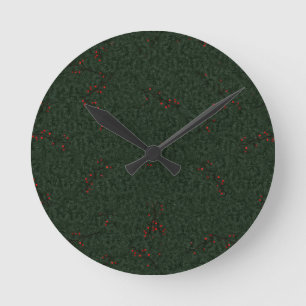 Reloj Redondo Mediano Patrón de Navidad Agujas de Pino y Bayas Rojas