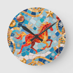 Reloj Redondo Mediano Patrón de Navidades de Caballos Rojos Fiery de Año