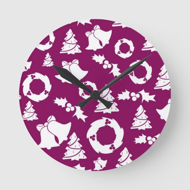 Reloj Redondo Mediano Patrón de Navidades púrpura (Anverso)