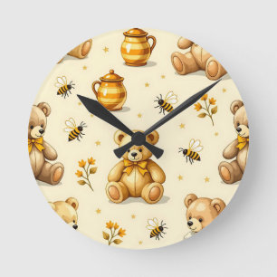 Reloj Redondo Mediano Patrón de ositos de peluche y abejas de miel para