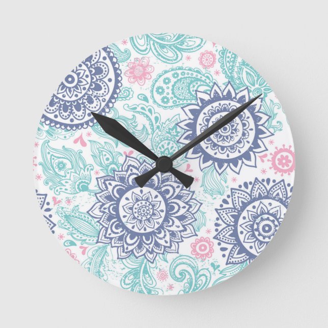 Reloj Redondo Mediano Patrón de paisley étnico (Anverso)