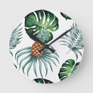 Reloj Redondo Mediano Patrón de palma de jungla de acuarela tropical de