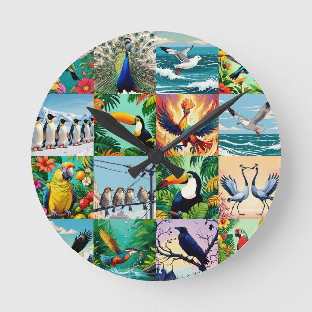 Reloj Redondo Mediano Patrón de parches de pájaros (Anverso)
