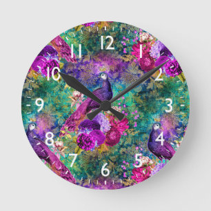 Reloj Redondo Mediano Patrón de pavo real ilustrado vibrante