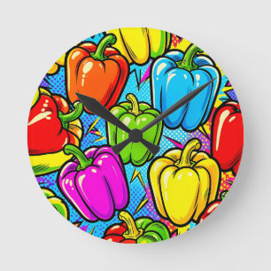 Reloj Redondo Mediano Patrón de pimientos pop art
