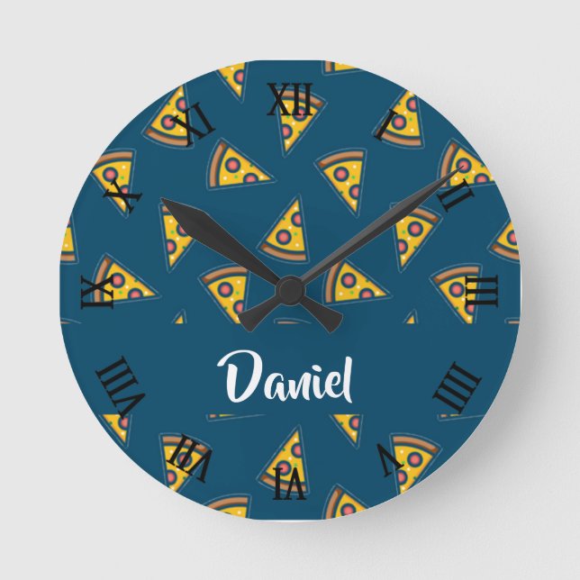 Reloj Redondo Mediano Patrón de pizza en azul (Anverso)