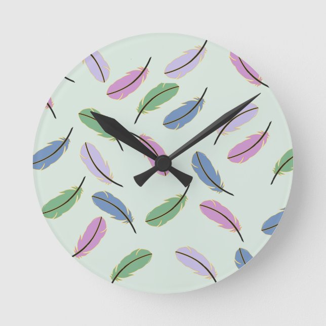 Reloj Redondo Mediano Patrón de plumas pastel elegantes (Anverso)