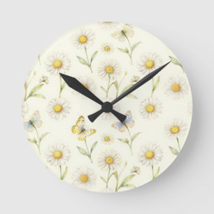 Reloj Redondo Mediano Patrón de pradera de margarita y mariposa en acuar