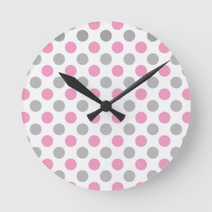 Reloj Redondo Mediano Patrón de puntos de polka rosa y gris
