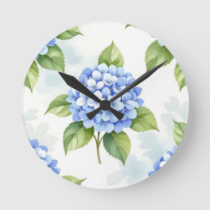 Reloj Redondo Mediano Patrón de ramo de hortensias azules pastel