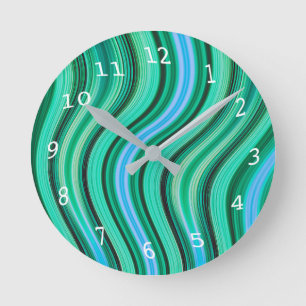 Reloj Redondo Mediano Patrón de rayas onduladas retro verde y azul