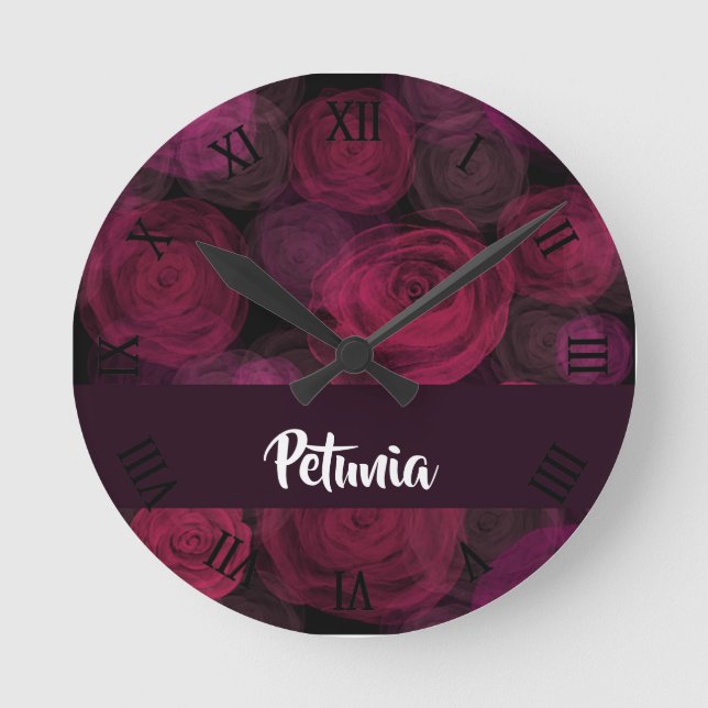 Reloj Redondo Mediano Patrón de rosa rosa rosa de nombre personalizado (Anverso)
