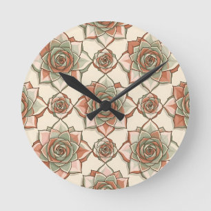 Reloj Redondo Mediano Patrón de Rosa Suculenta Estilizada Rosa Salvia