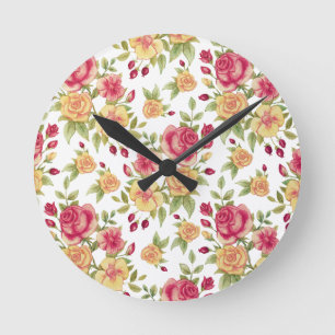 Reloj Redondo Mediano Patrón de rosas y capullos de rosa rojas y amarill