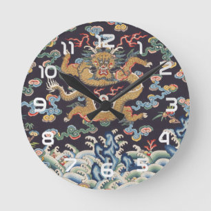 Reloj Redondo Mediano Patrón de seda oriental del dragón chino vintage