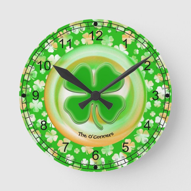 Reloj Redondo Mediano Patrón de Shamrock de irlandés verde/blanco/Naranj (Anverso)