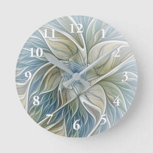 Reloj Redondo Mediano Patrón de sueño floral abstracto azul caqui fracta