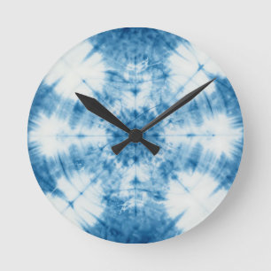 Reloj Redondo Mediano Patrón de teñido en azul añil Shibori