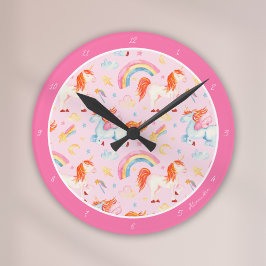 Reloj Redondo Mediano Patrón de unicornio rosado de niñas con nombre