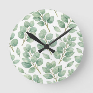 Reloj Redondo Mediano Patrón de vegetación de eucalipto en acuarela