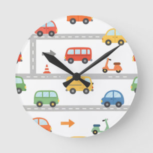Reloj Redondo Mediano Patrón de Vehículos de Tráfico Divertidos para Niñ