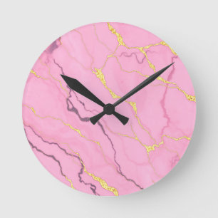 Reloj Redondo Mediano Patrón de Venas de Oro Mármol Rosa