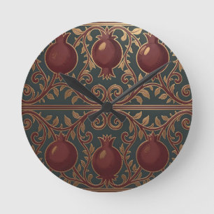 Reloj Redondo Mediano Patrón de Vid de Granada Oscuro Verde Dorado Ornat