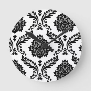 Reloj Redondo Mediano Patrón Desplazado Rococó Damask Negro sobre Blanco